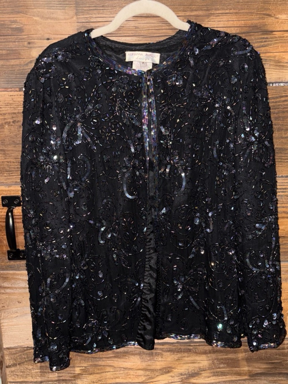 Vintage Adrianna Papell Black Sequined Beaded Evening Jacket 100% Silk Outer